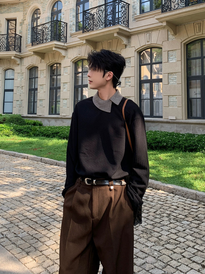 비스듬한 플래킷 긴 소매 풀오버 셔츠 