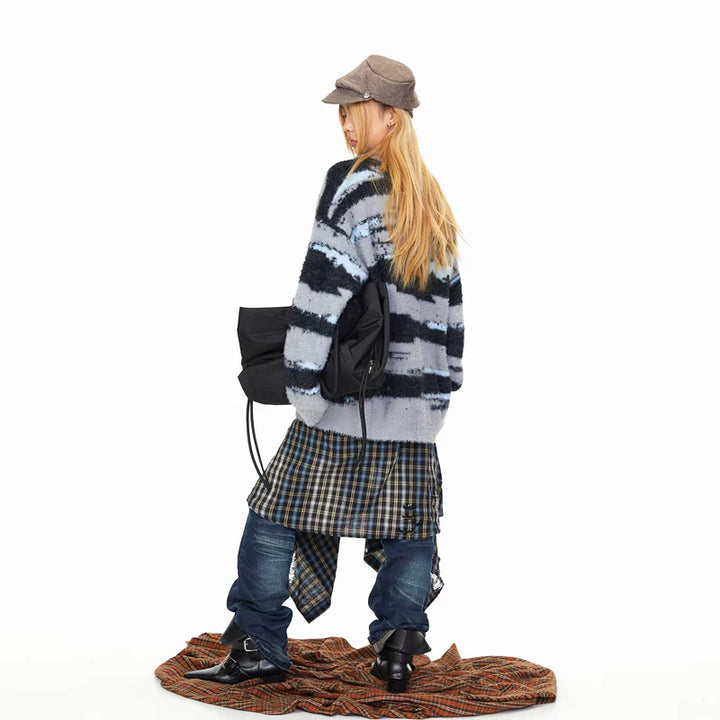 Striped Faux Mink Polo Collar Sweater