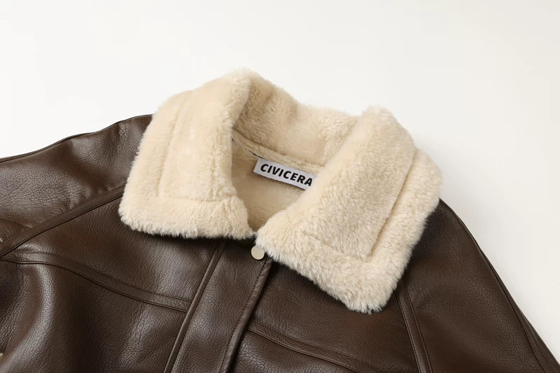 Faux Leather Fur Collar Motorcycle Jacket