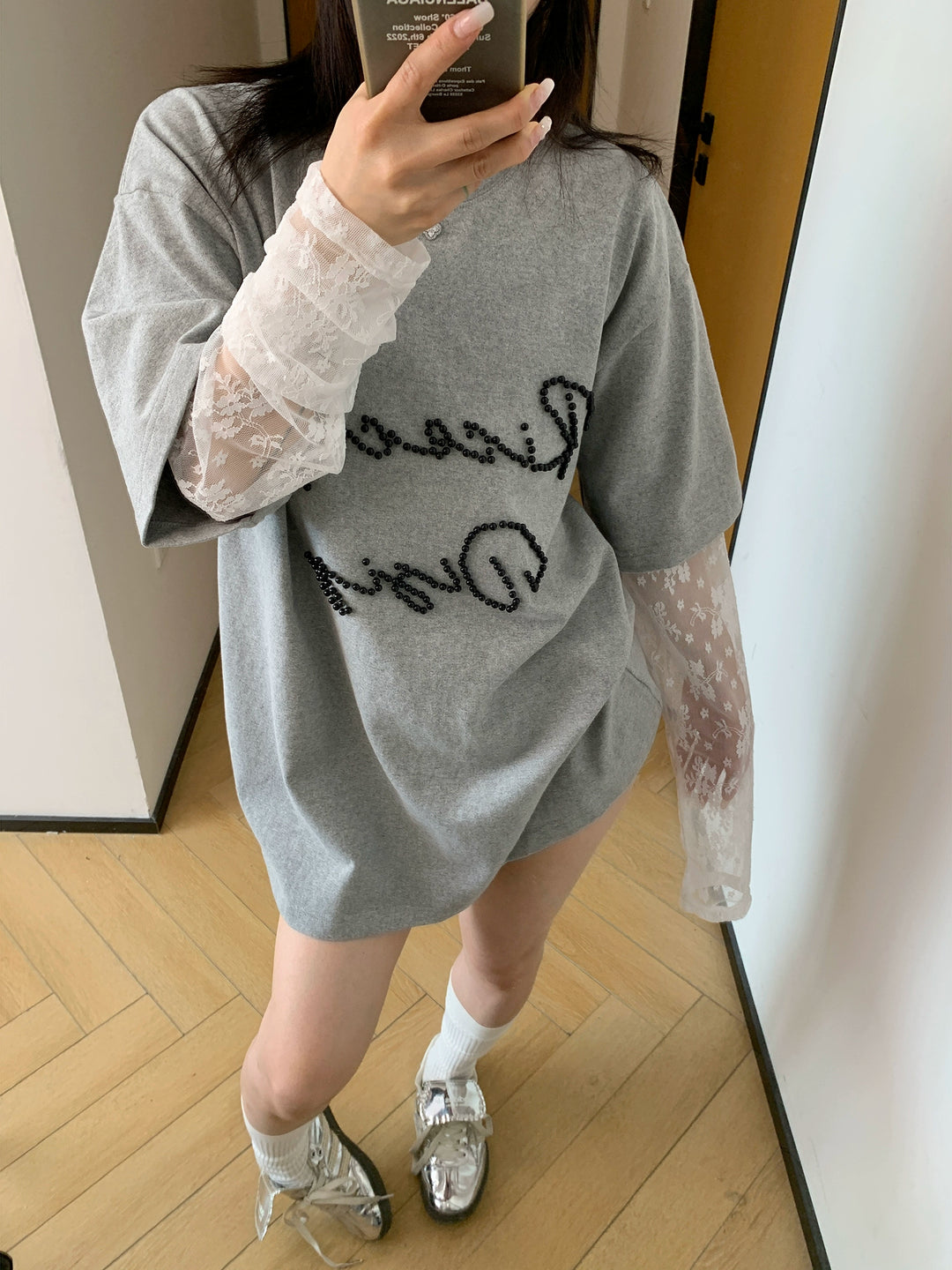 Lace Sleeve Beaded Cotton Turtleneck Top