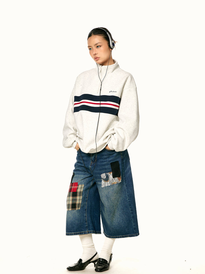 Stand-Up Collar Half-Zip Striped Sweatshirt