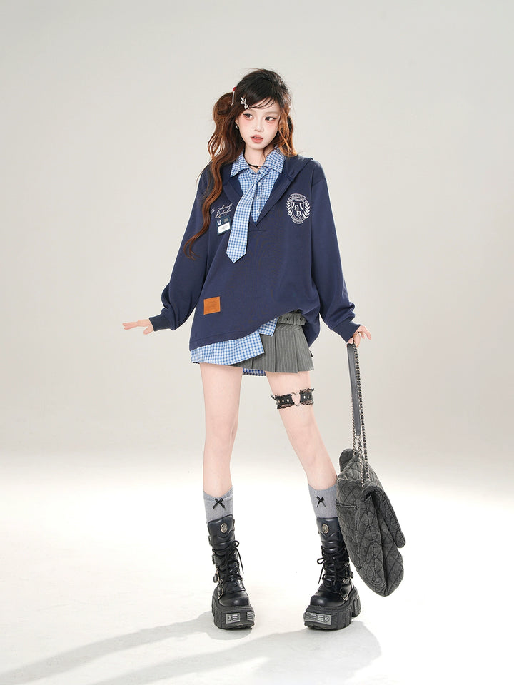 Plaid Layered Hooded Sweatshirt