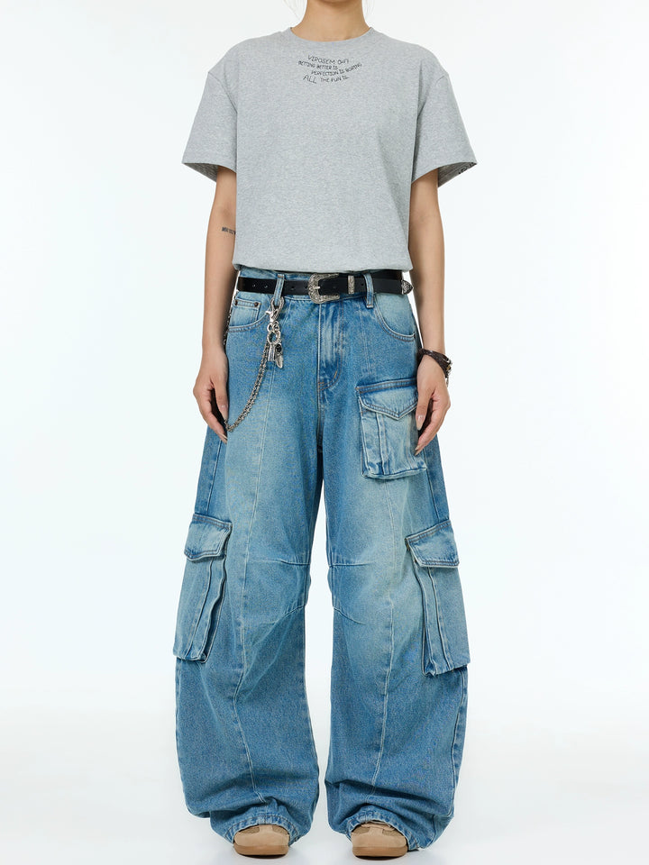 Loose Wide-Leg Multi-Pocket Jeans