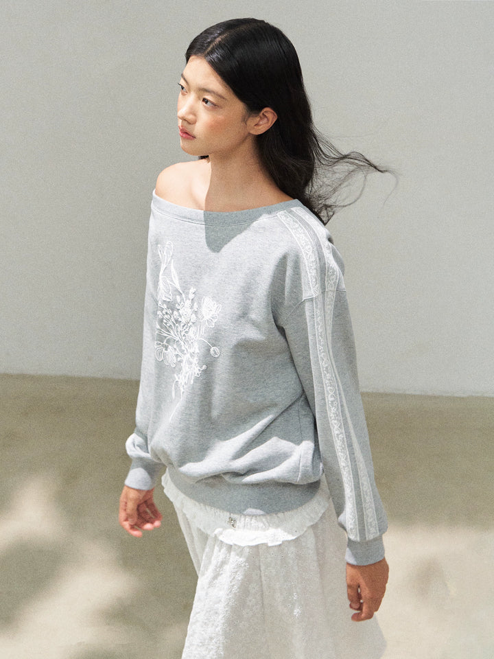 Retro Off Shoulder Floral Sweatshirt