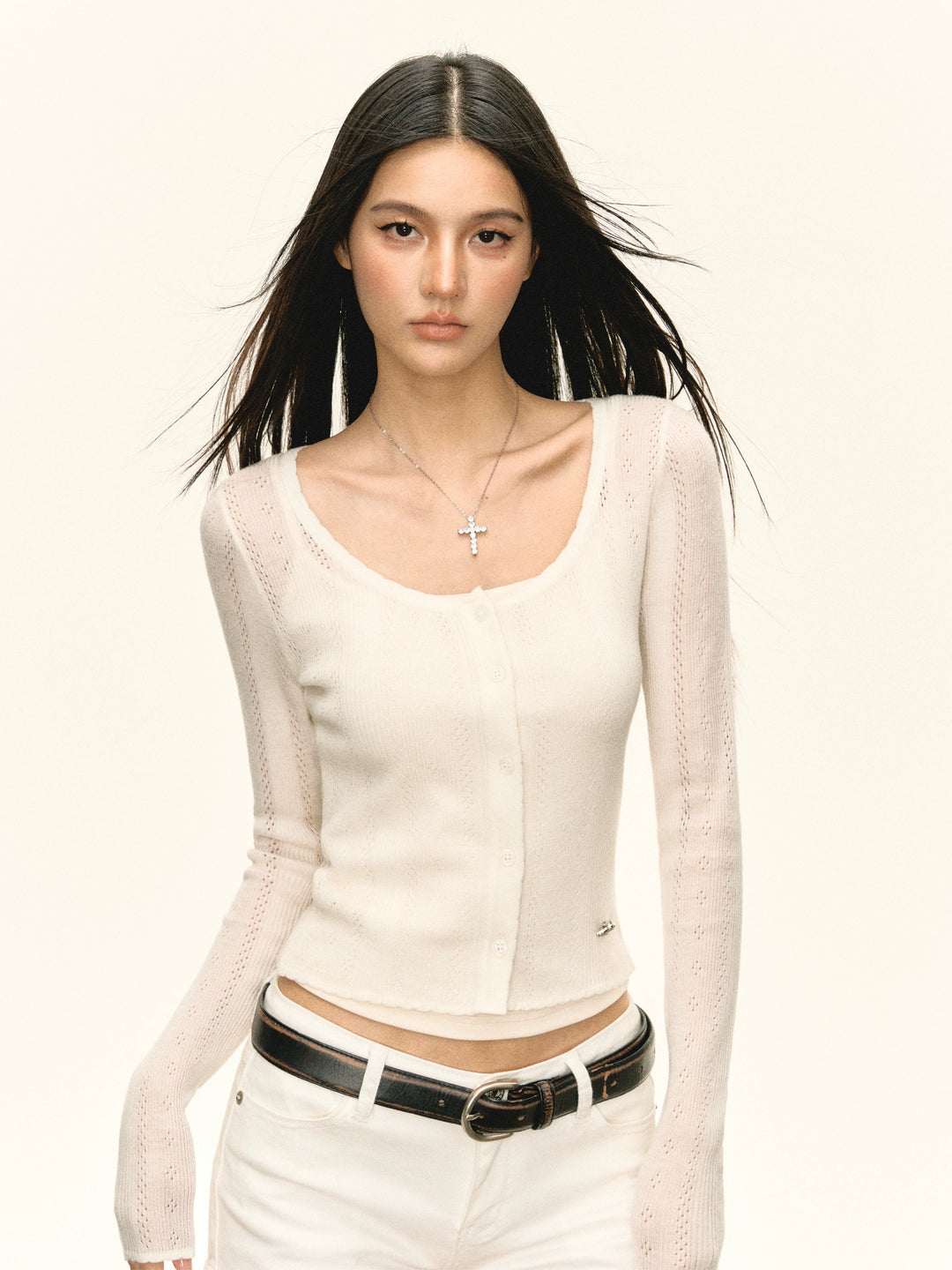 Hollow Knit Button-Up Cardigan Sweater