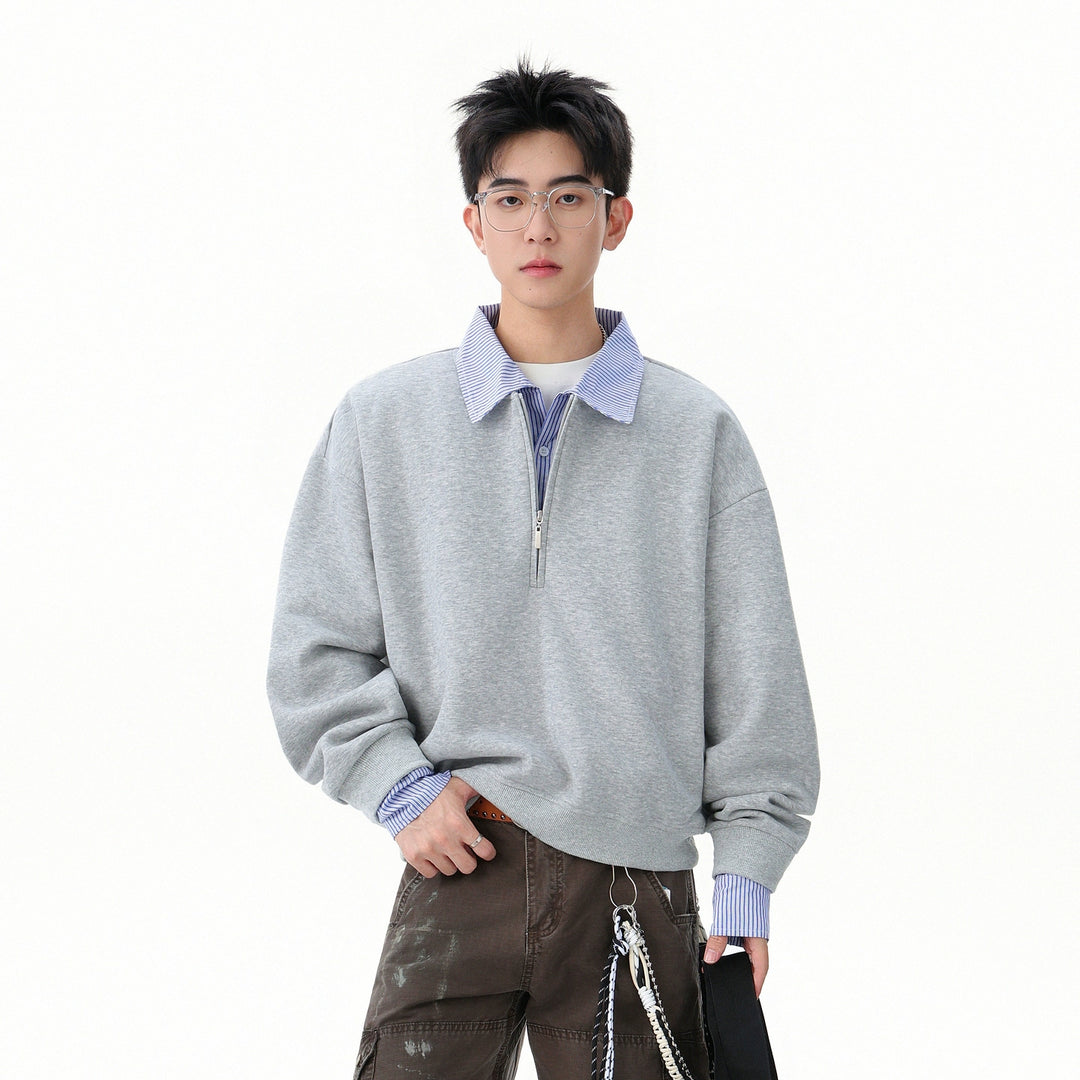 Polo Collar Striped Stitching Sweatshirt