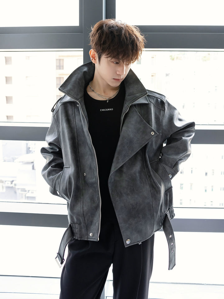 Motorcycle Leather Flight Jacket with Belt
