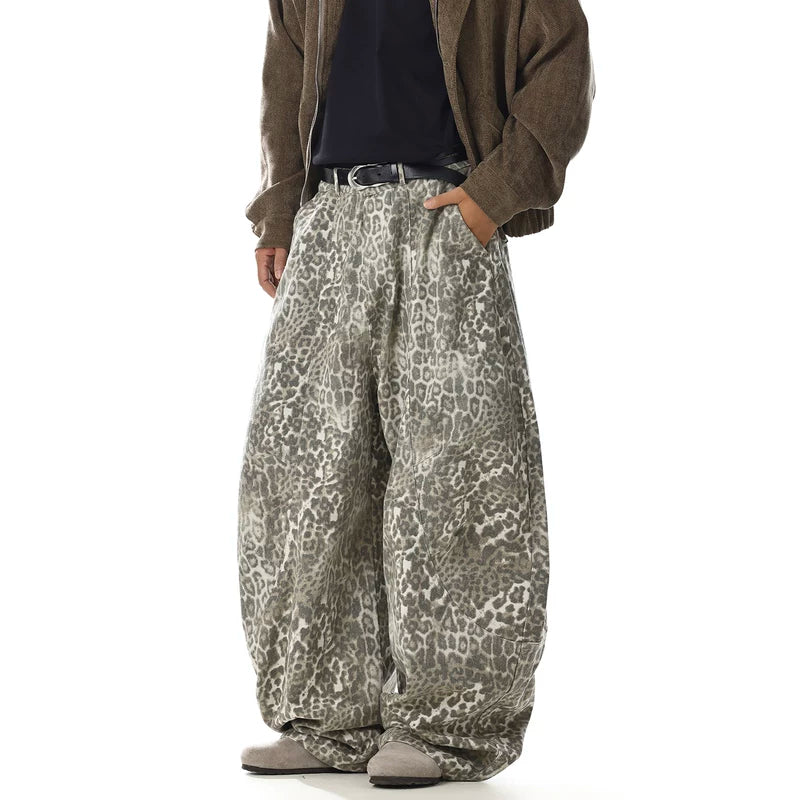 Gestreepte Leopard Print Wijde Pijpen Jeans 