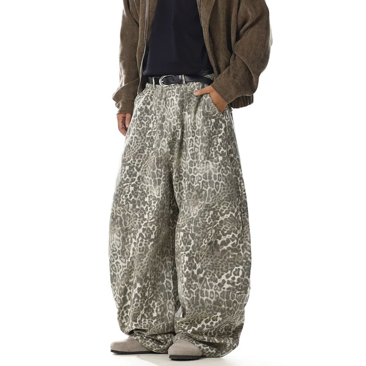 Gestreepte Leopard Print Wijde Pijpen Jeans 