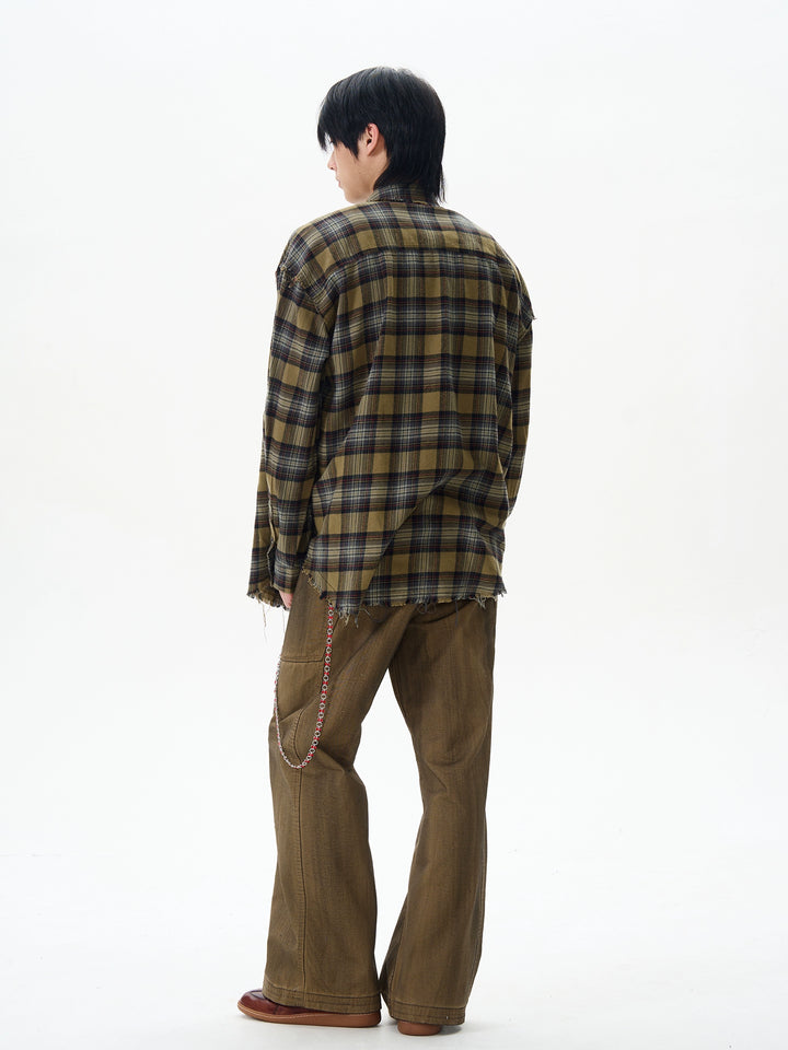 Camicia lunga a maniche larghe a quadri retro 