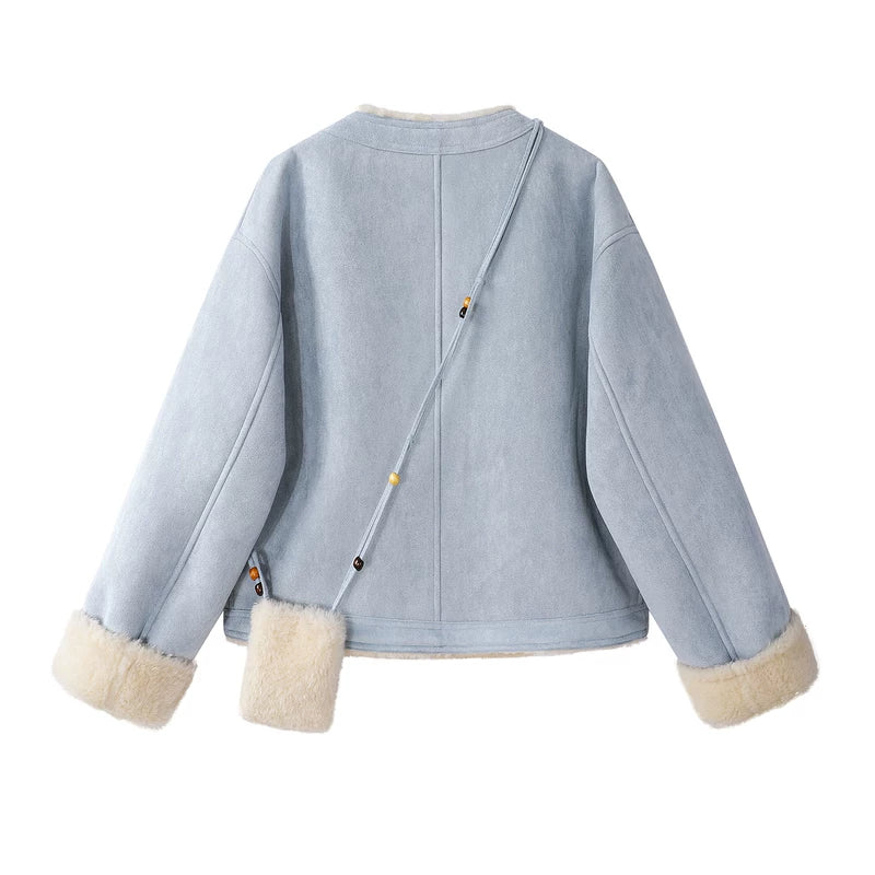 Shearling Trim Short Suede Coat