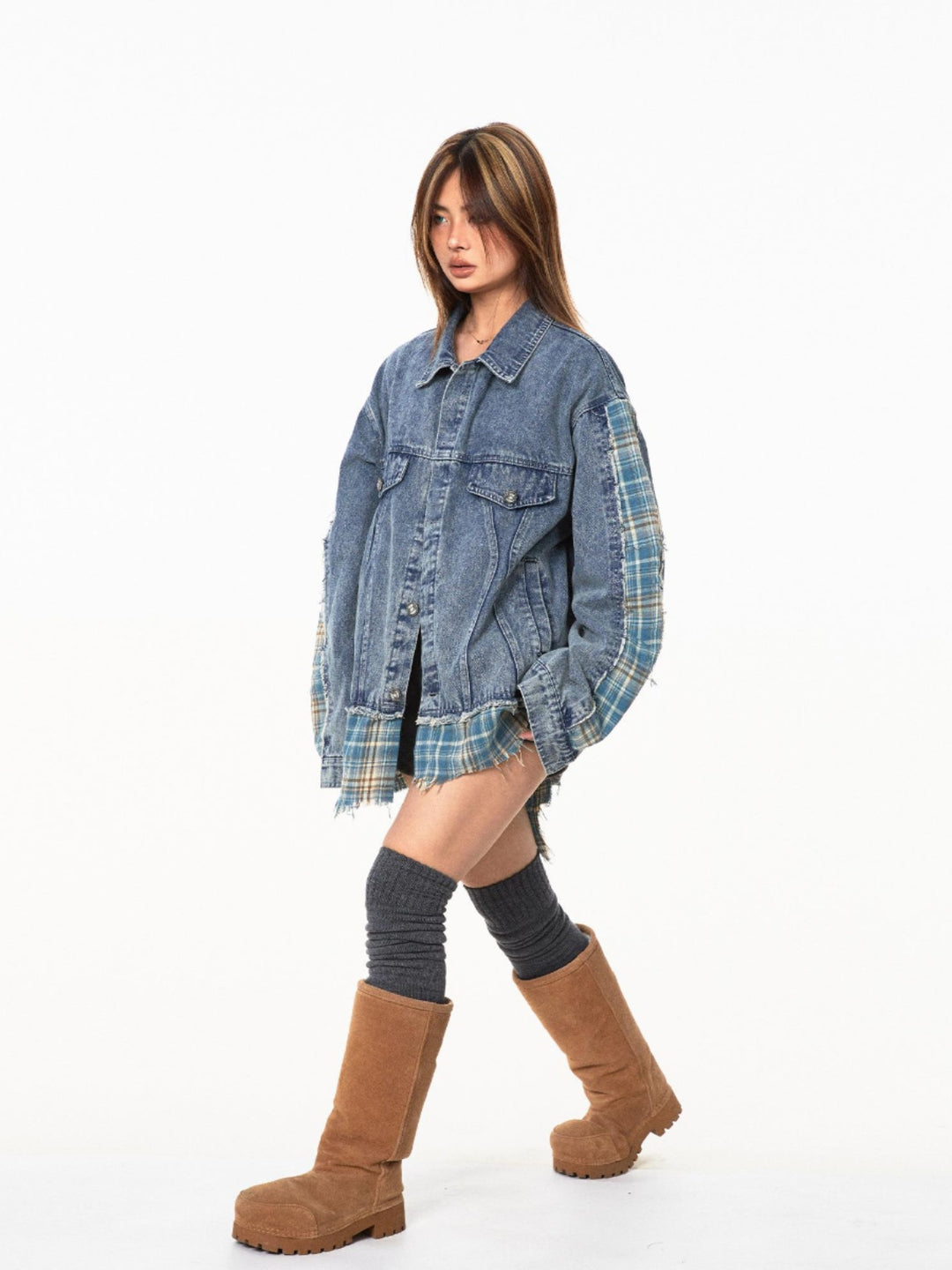 Kariertes gestepptes Denim-Jacke 