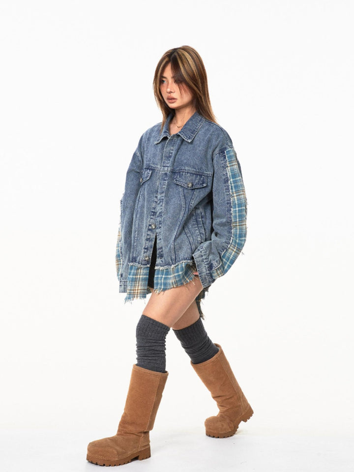 Kariertes gestepptes Denim-Jacke 