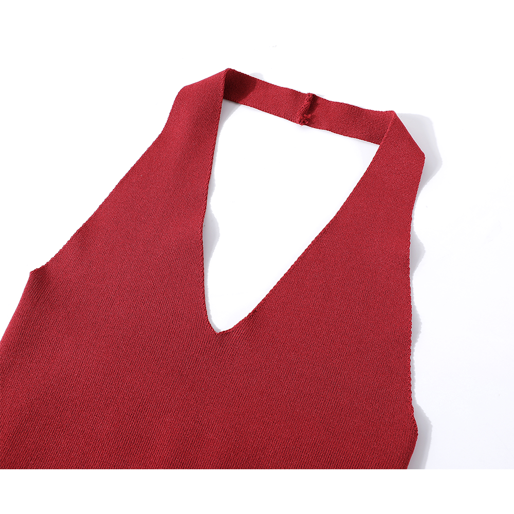 Knitted Halter Neck Spliced Ruffle Tank