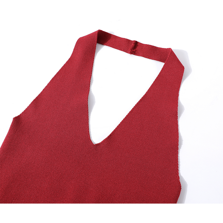 Knitted Halter Neck Spliced Ruffle Tank