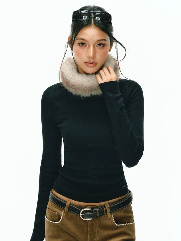 Maglione con Collo in Pelliccia Sintetica Rimovibile 