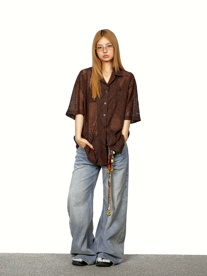 Chemise ample à manches courtes en dentelle 