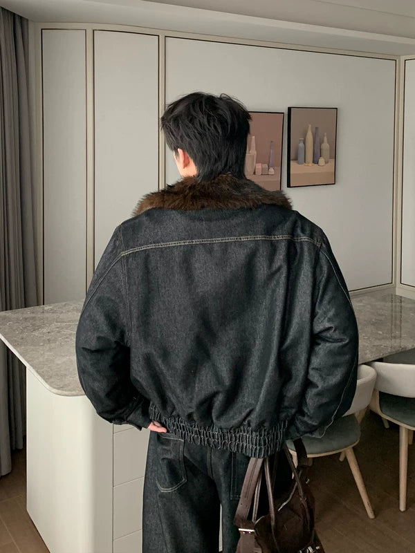 Chaqueta de mezclilla cálida con cuello de piel de invierno 