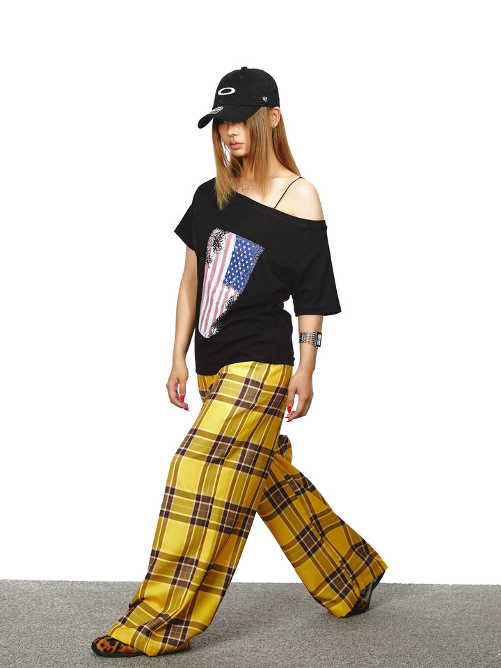 Flag Print Off Shoulder Short Sleeve Top