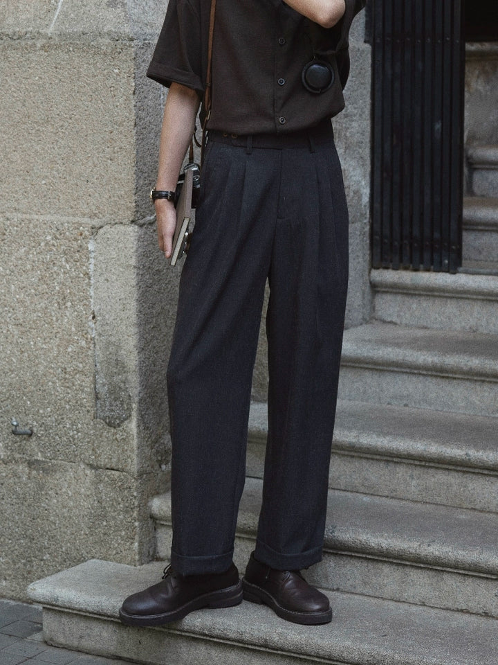 Linen Blend Straight Pleated Pants