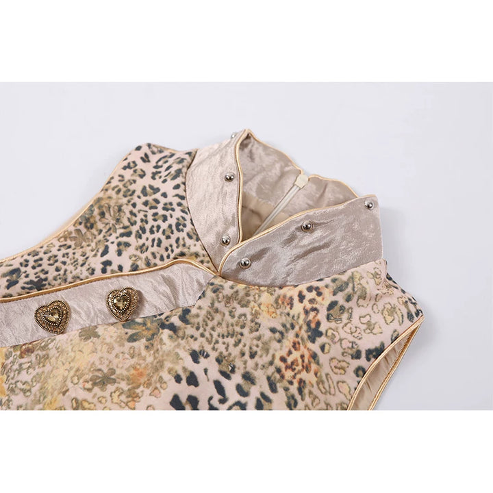 Vestido mini cheongsam sin mangas de estampado de leopardo 