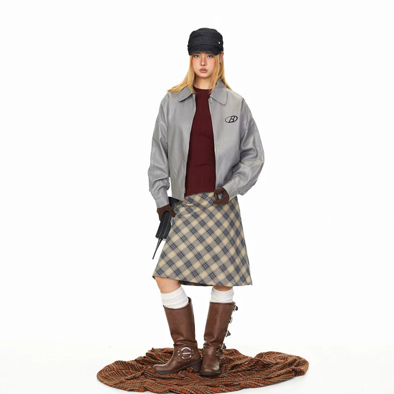 Embroidered Zipper Collar Leather Jacket