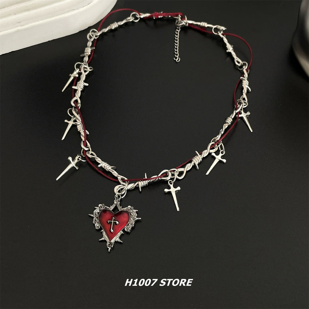 Layered Heart Pendant Cross Necklace