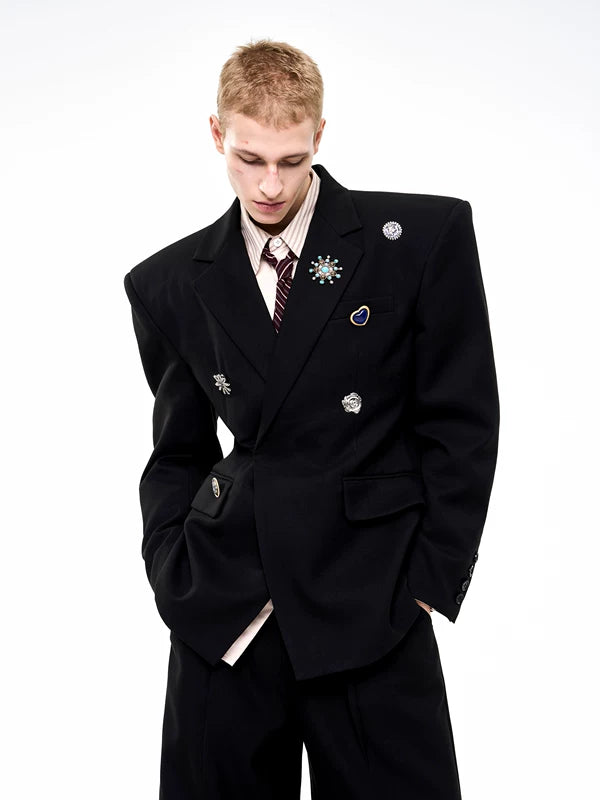 Metal Brooch Details Wool Suit Jacket