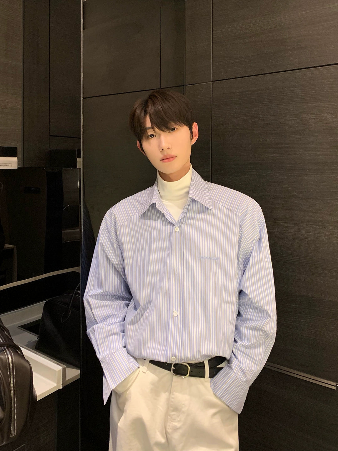 라펠 자수 스트라이프 셔츠 재킷 