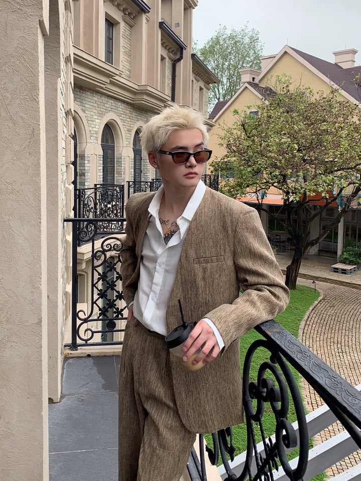 Collarless Loose Fit Blazer and Pants