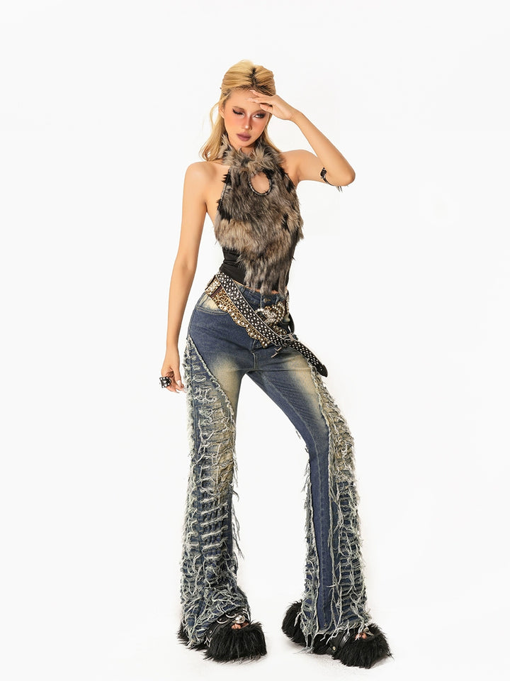 Distressed Flared Tassel Retro Pants