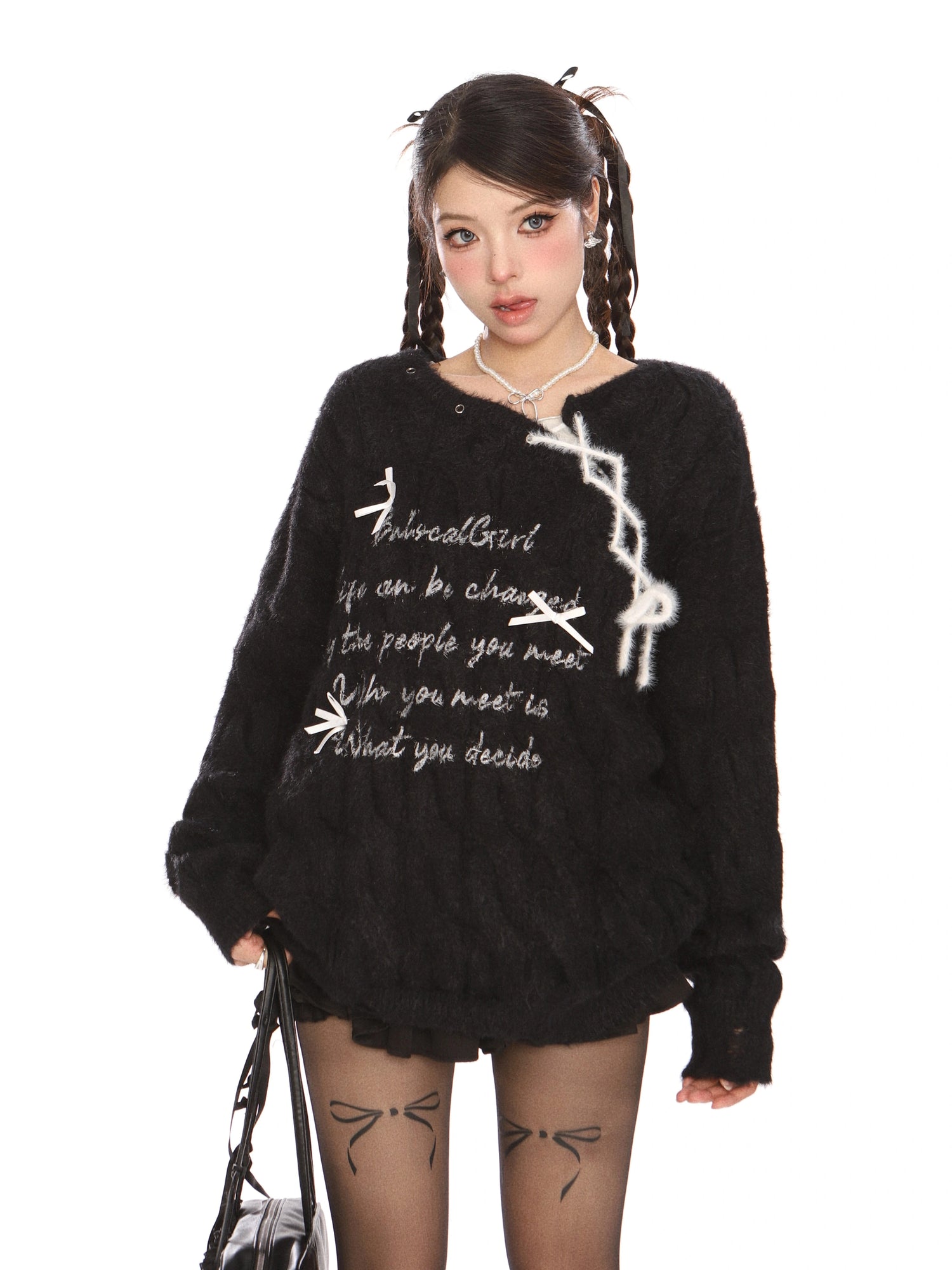 Maglione in mohair con pizzo in stile coreano 
