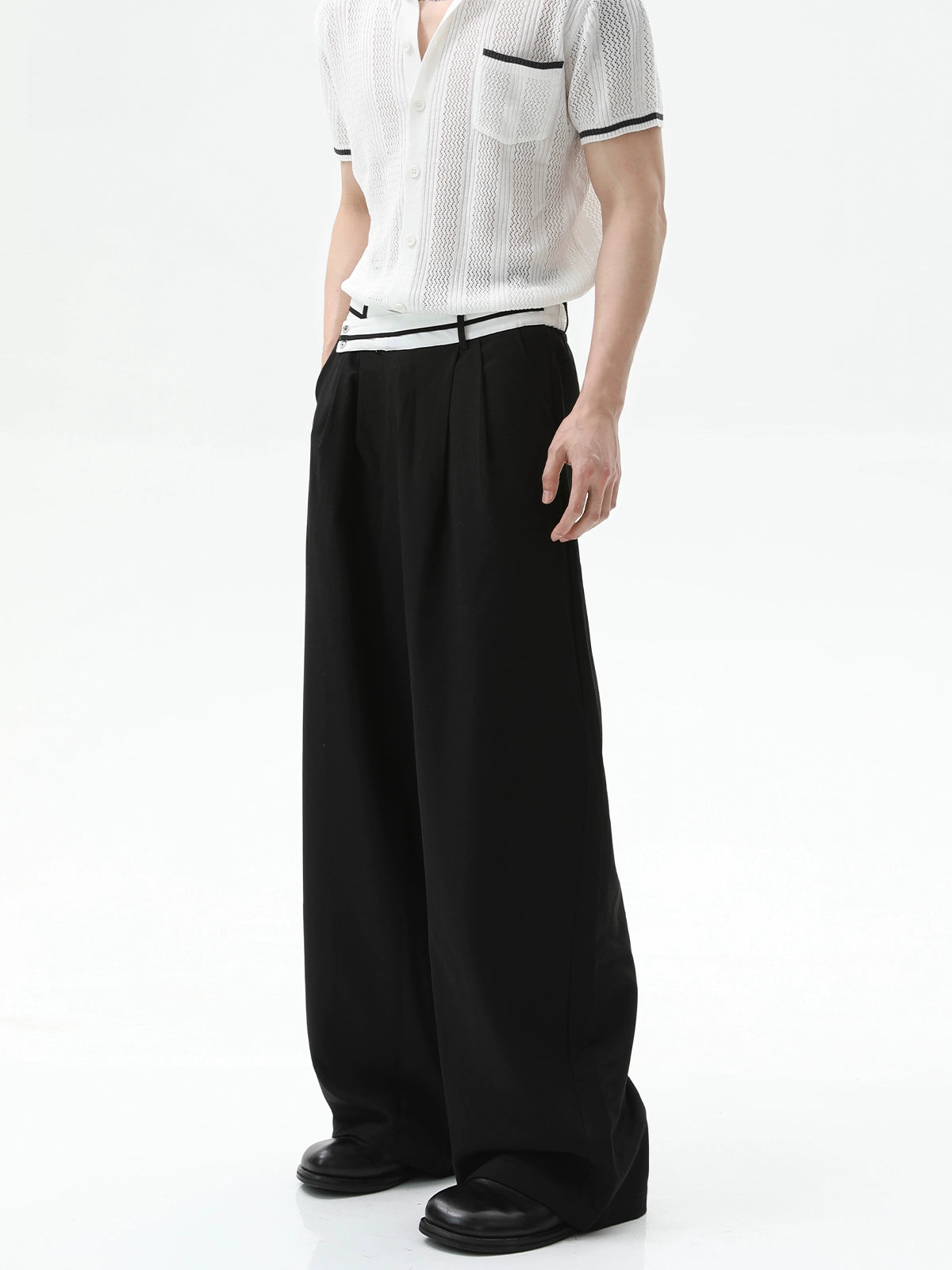 不規則ウエストダブルプリーツワイドレッグパンツ 