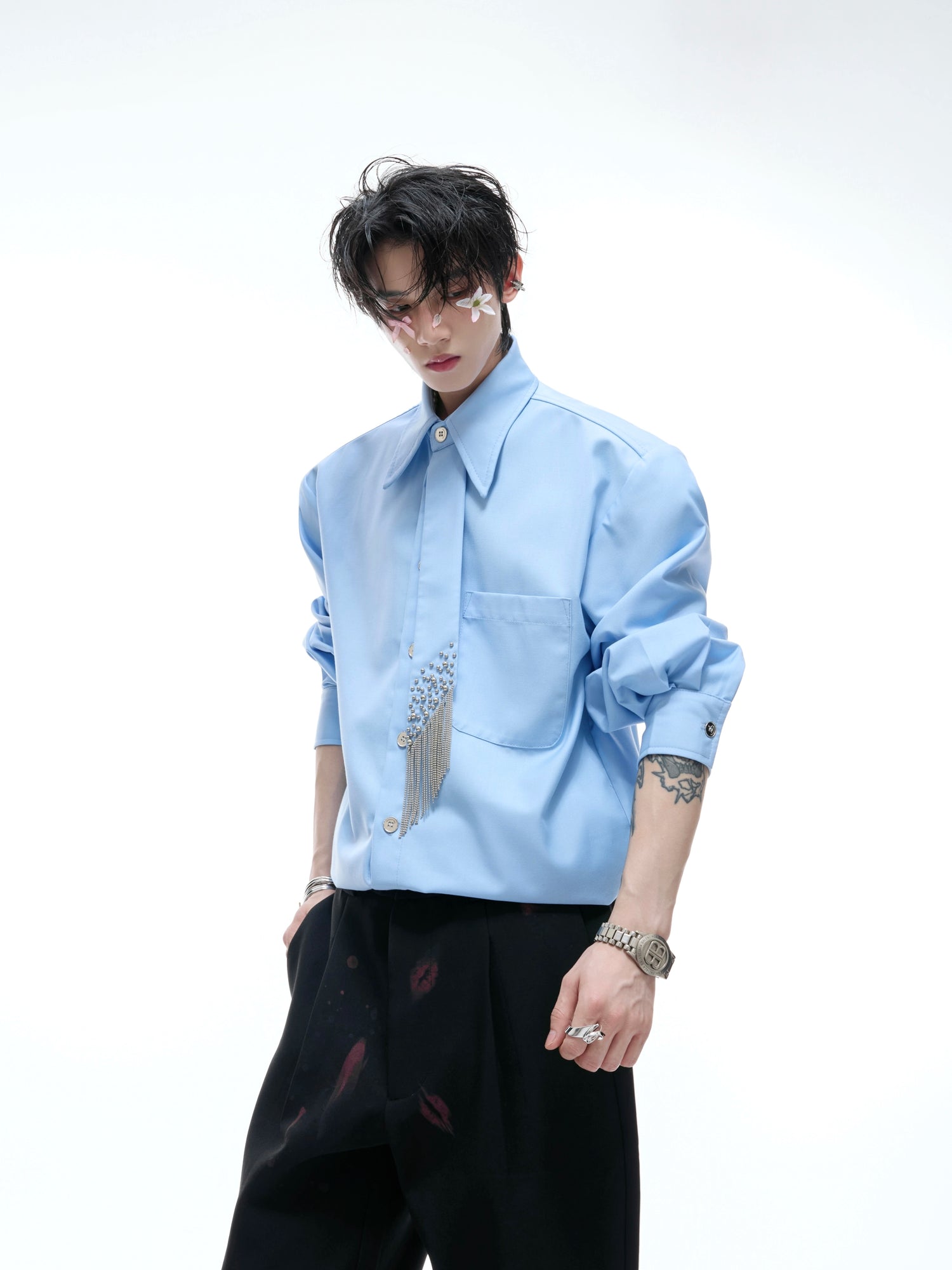 Weaving Detail Padded Shoulder Wide Shirt