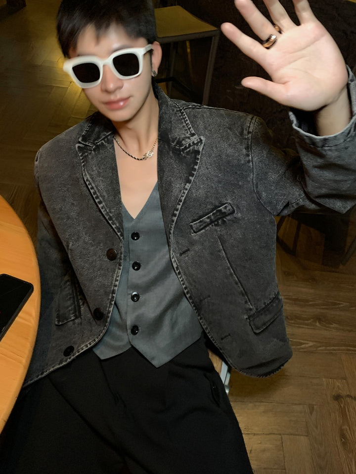 Washed Distressed Denim Suit Jacket