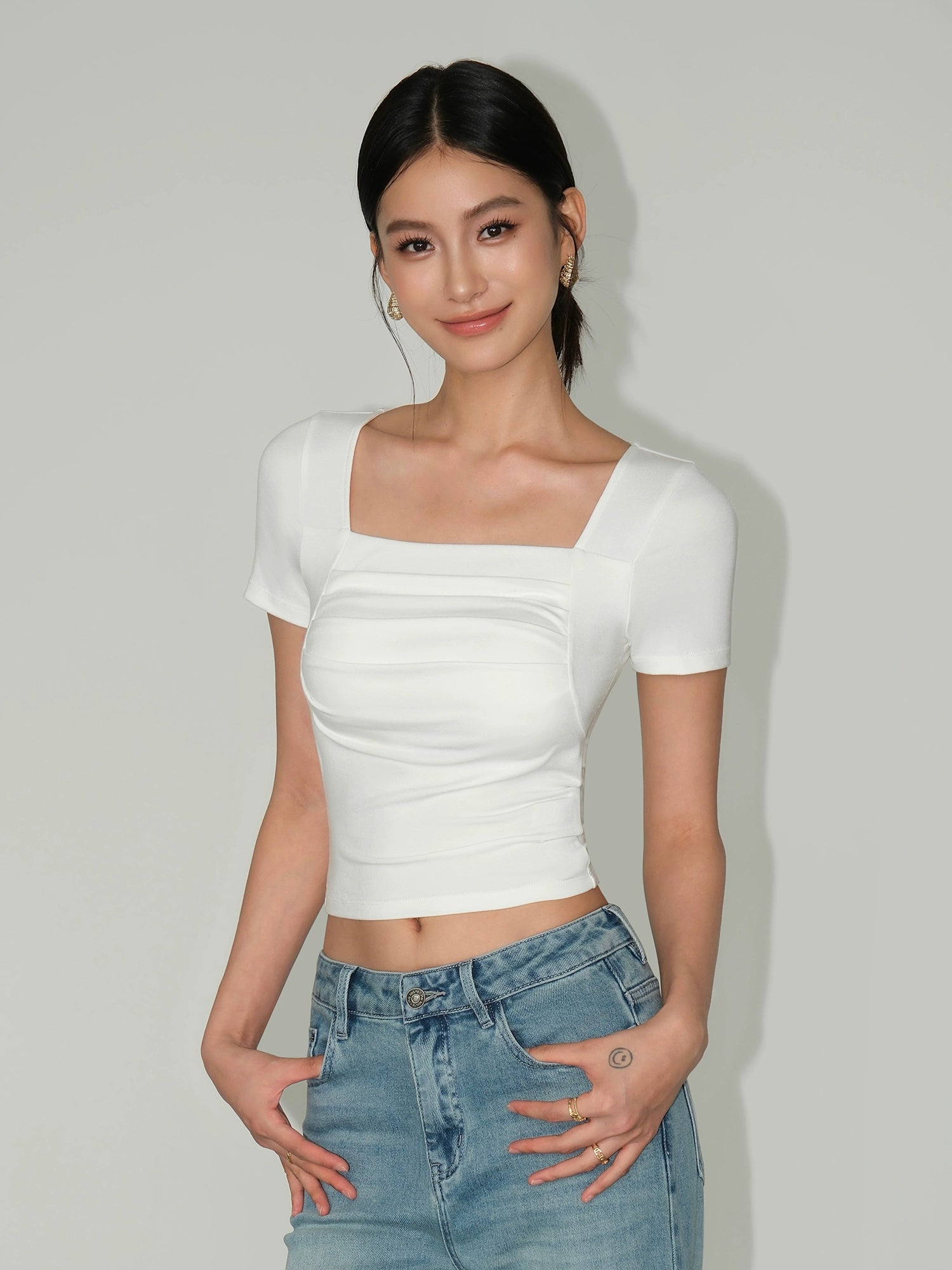 Square Neck Pleated Slim Fit T-shirt