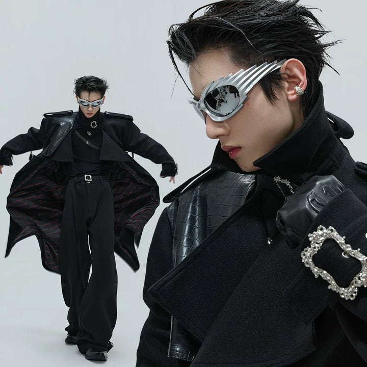 Crocodile-Patterned Wool Long Trench Coat