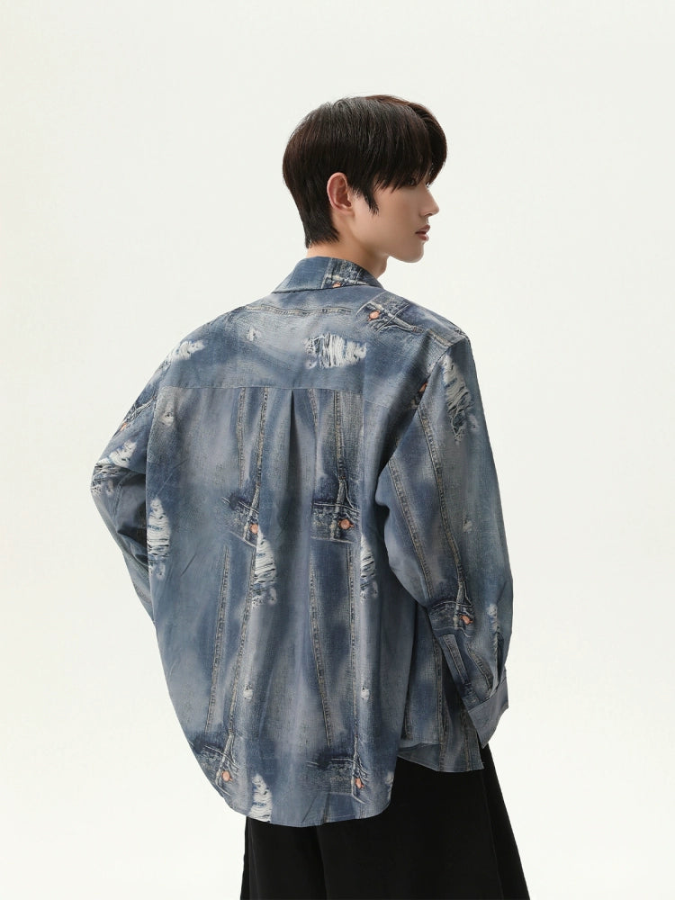 Imitation Denim Print Short Sleeve Shirt