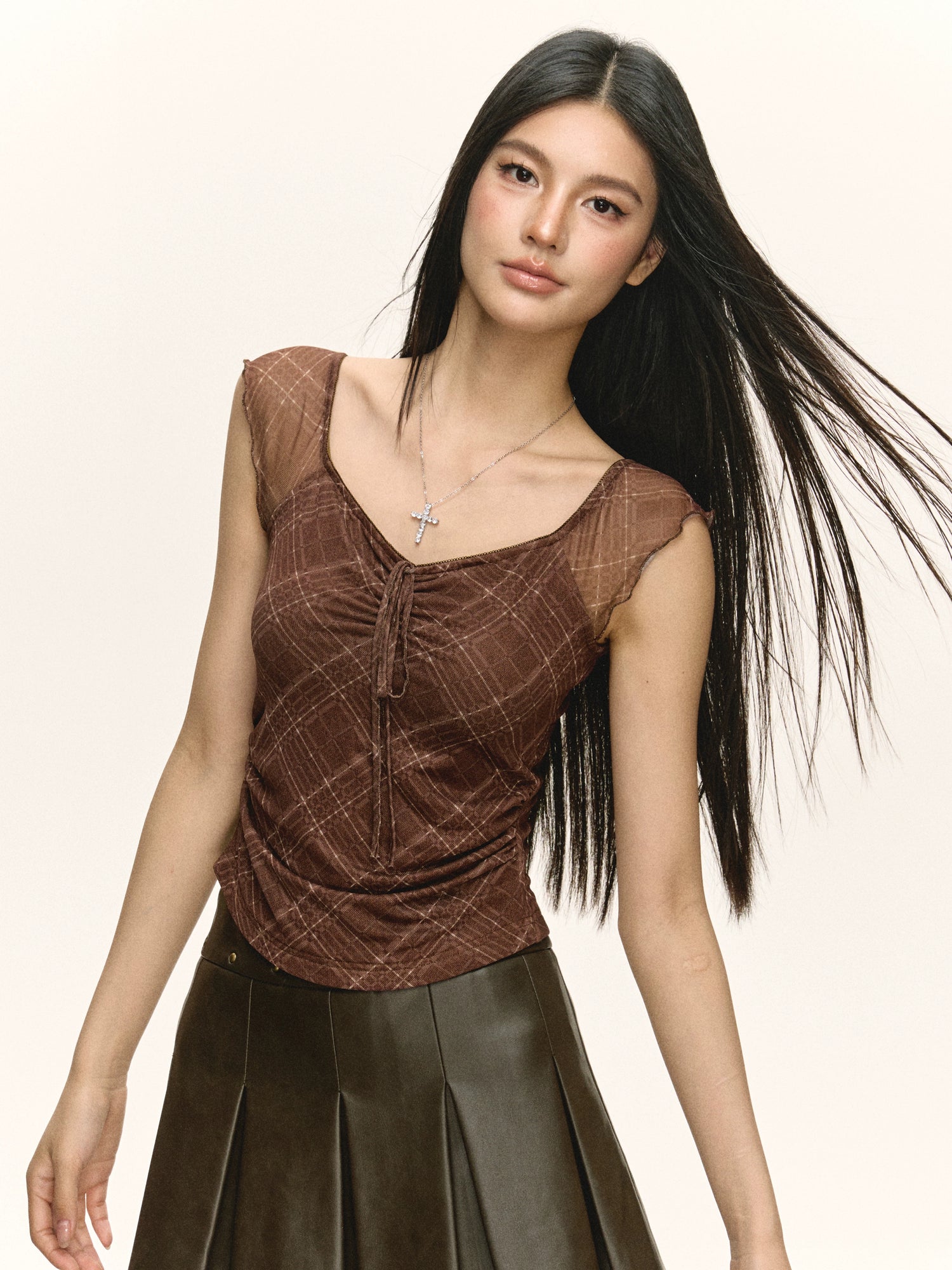 Retro Plaid Cap Sleeve Ruched Top