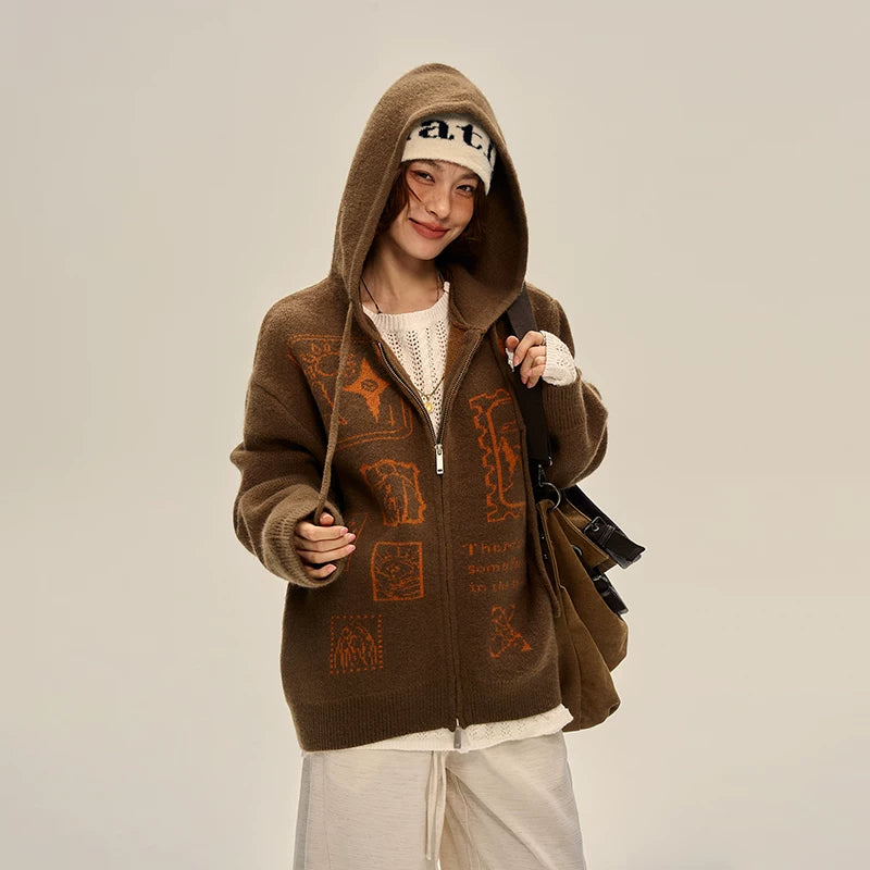 Retro Hooded Zip Up Knit Cardigan