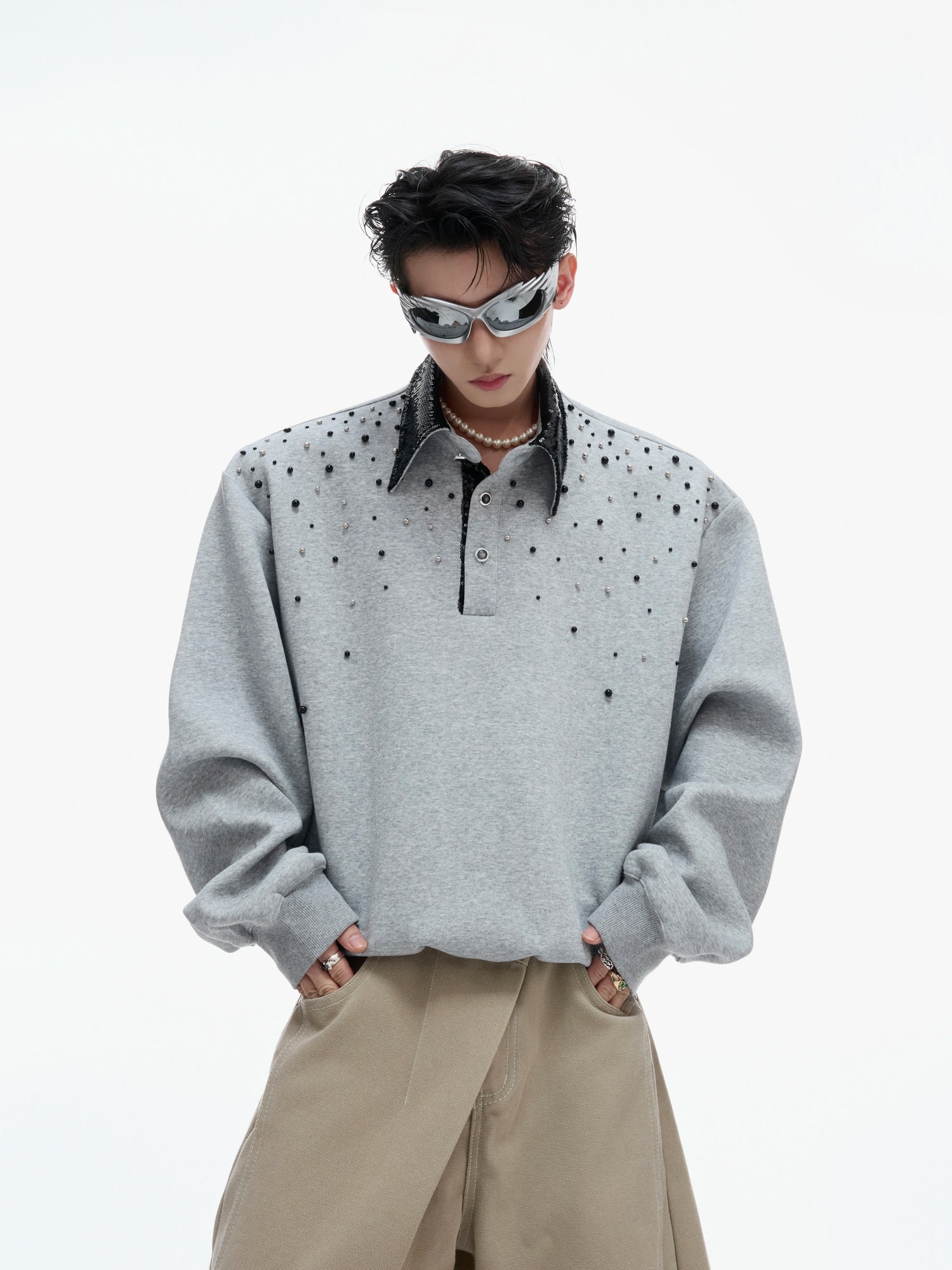 Pearl Sequin Lapel Sweatshirt