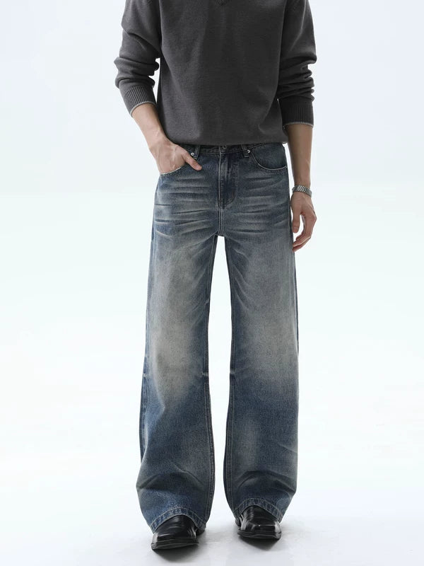 سروال واسع مستقيم مغسول ومشوش 