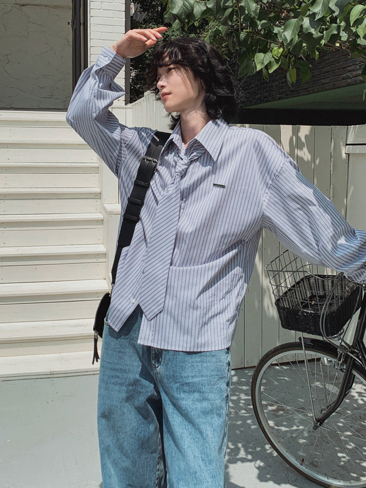 Striped Long-Sleeve Shirt with Tie