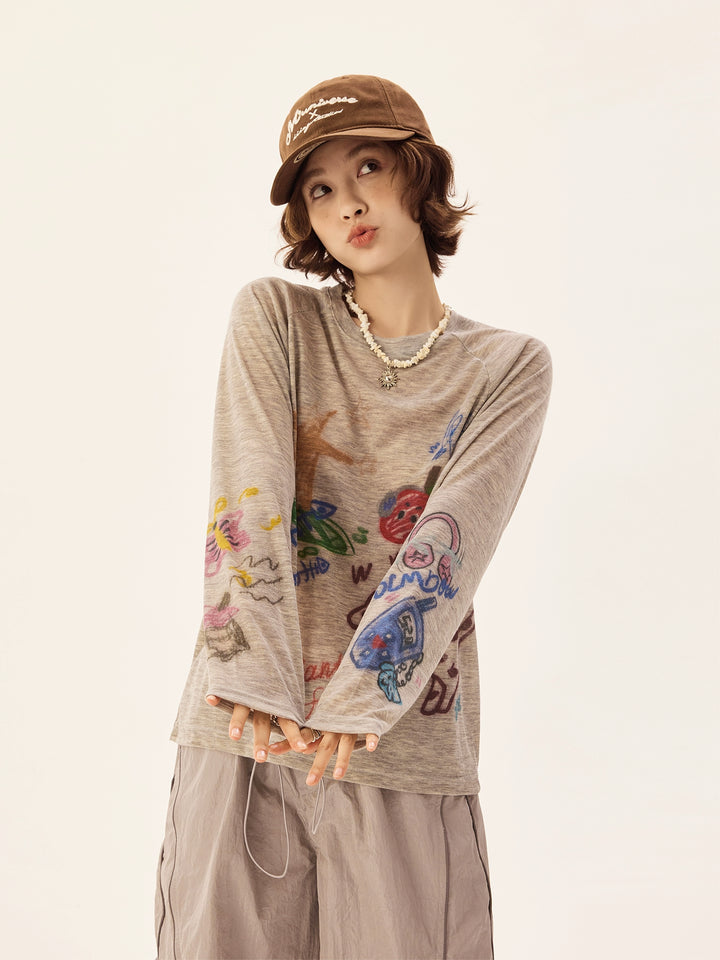 Retro Graffiti Chiffon Langarm-Turtleneck 