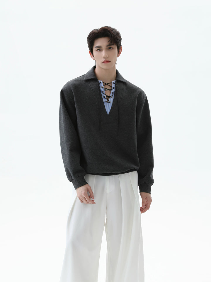 Splicing Lapel Tie Rope Pullover