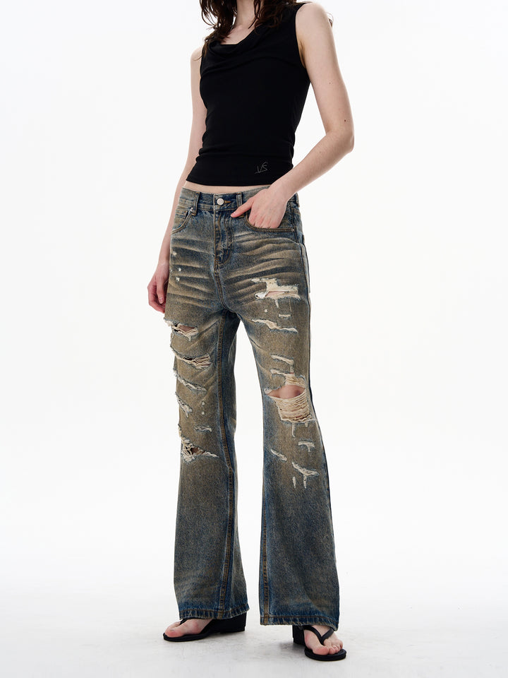 Calças Jeans Rasgadas Retas Retrô 