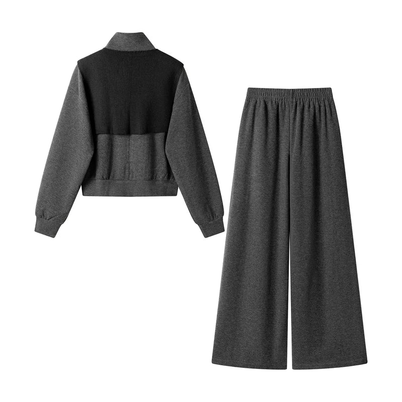 Stand-Neck Jacket and Wide-Leg Pants