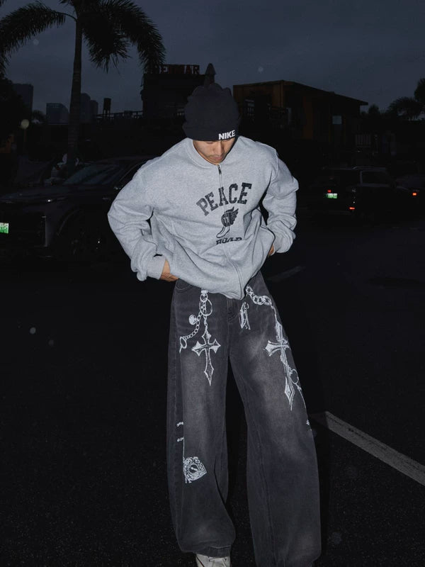 Pantalons en denim à jambe large avec imprimé chaîne croisée 