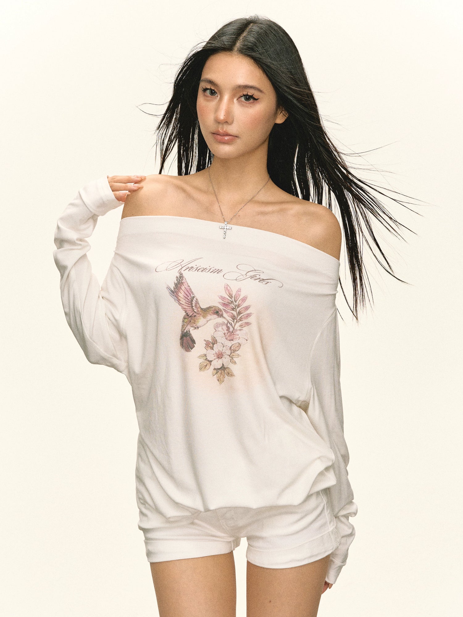 Floral Graphic Off-Shoulder Long Sleeve Top