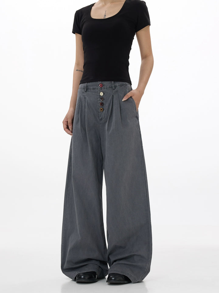 Wide Leg Buttoned Casual Vintage Pants